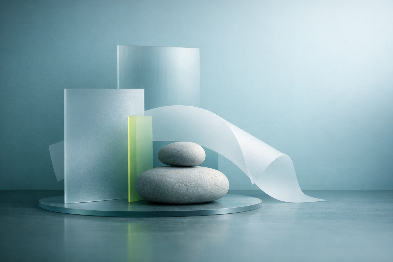 Absztrakt, nyugodt editorial vizuál a bizalom és szakmai jelenlét témájához.